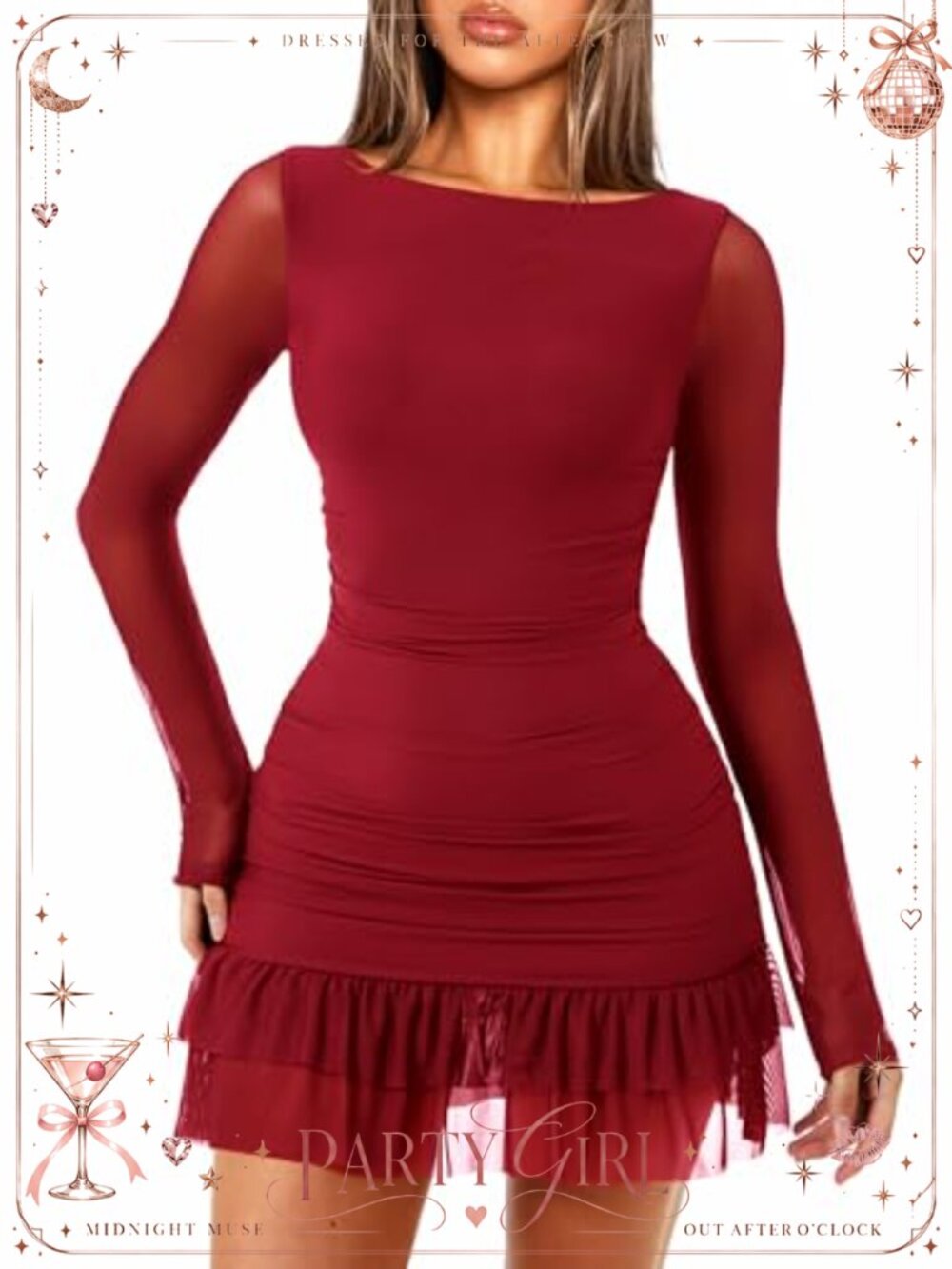 Women Bodycon Mini Dress Boat Neck Long Sleeve Ruffle Mesh Club Party